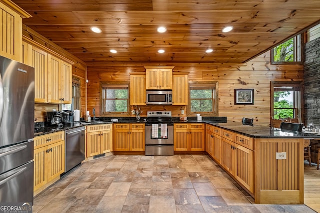 kitchen with stainless steel appliances, a sink, a peninsula, wood ceiling, and healthy amount of natural light