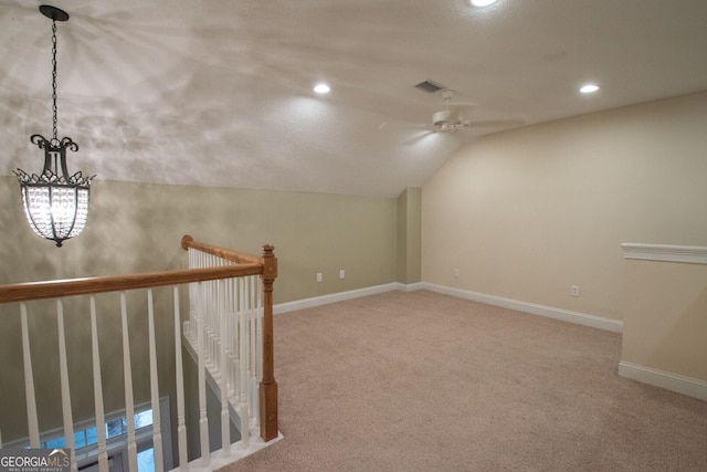 bonus room featuring ceiling fan, lofted ceiling, carpet floors, baseboards, and recessed lighting