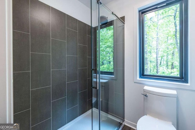 bathroom featuring a stall shower and toilet