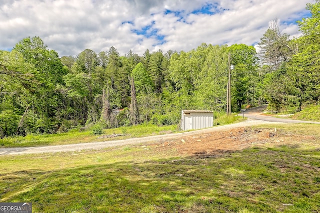 surrounding community featuring a storage unit, an outdoor structure, and a view of trees