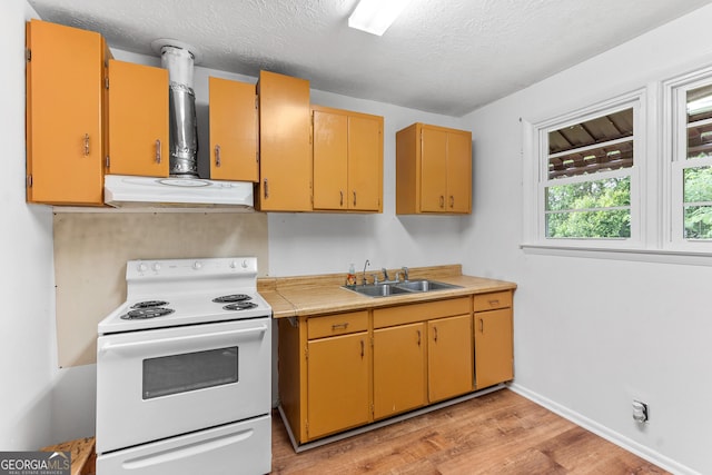 144 Bryant Rd, Cordele, GA 31015 - kitchen featuring under cabinet range hood, white range with electric cooktop, a sink, light wood-style flooring, and light countertops