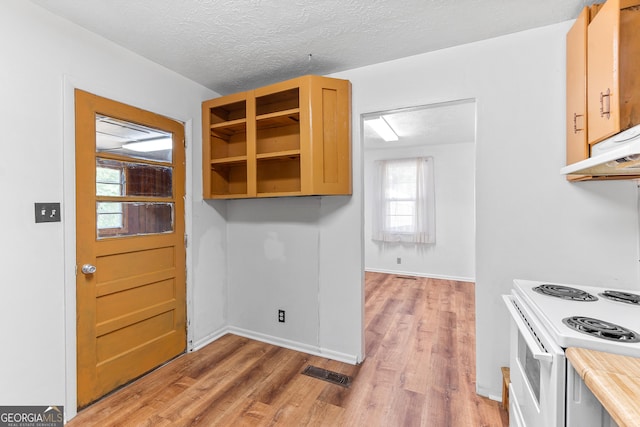 144 Bryant Rd, Cordele, GA 31015 - kitchen with light wood finished floors, white range with electric stovetop, under cabinet range hood, a textured ceiling, and baseboards