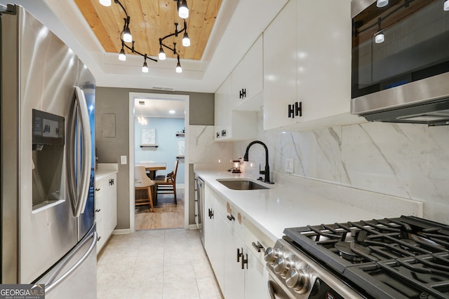 6851 Roswell Rd Unit K-23, Atlanta, GA 30328 - kitchen featuring stainless steel appliances, a sink, wood ceiling, white cabinetry, and a raised ceiling