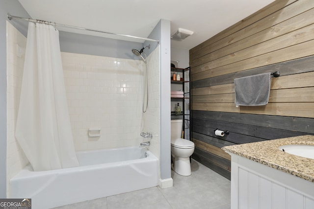 6851 Roswell Rd Unit K-23, Atlanta, GA 30328 - full bath featuring shower / bathtub combination with curtain, toilet, vanity, wooden walls, and tile patterned flooring