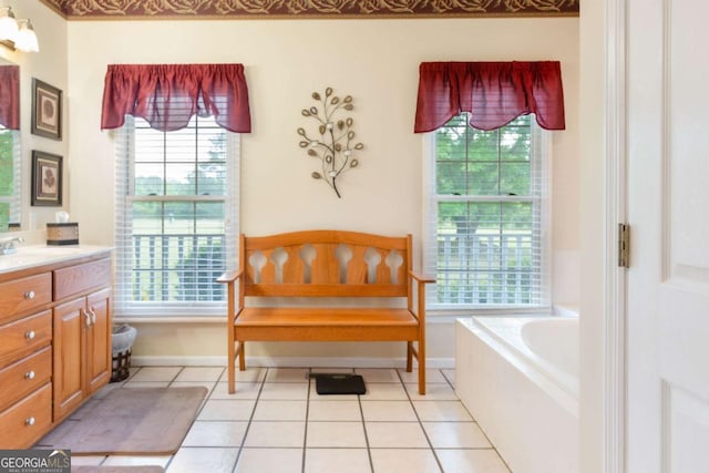 full bathroom with healthy amount of natural light, vanity, and a bath