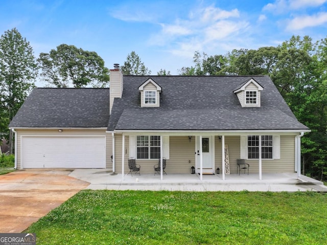 5293 Hopewell Ln, Gainesville, GA 30507 - new england style home with concrete driveway, an attached garage, covered porch, a front yard, and a chimney