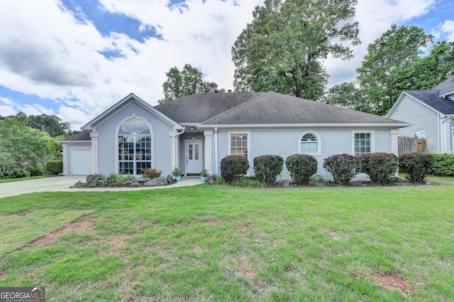 ranch-style home with stucco siding, a front lawn, and a garage