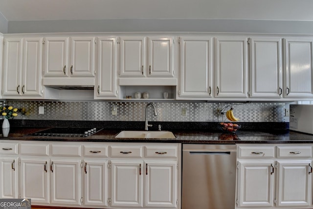 kitchen featuring dishwasher, a sink, open shelves, black electric stovetop, and white cabinetry