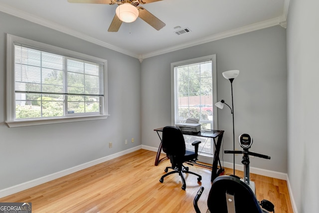 office space with plenty of natural light, crown molding, wood finished floors, baseboards, and a ceiling fan
