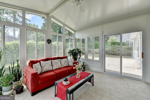 sunroom / solarium with plenty of natural light, a ceiling fan, and outdoor lounge area