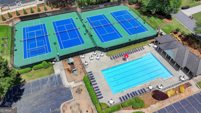 aerial view of a pool area