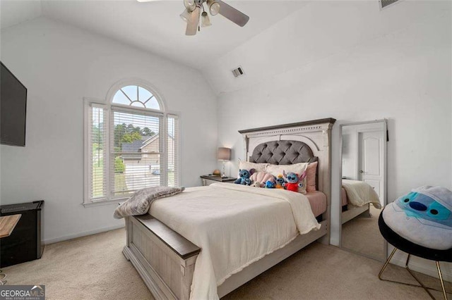 3705 Rolling Creek Dr, Buford, GA 30519 - bedroom featuring light colored carpet, multiple windows, ceiling fan, and high vaulted ceiling