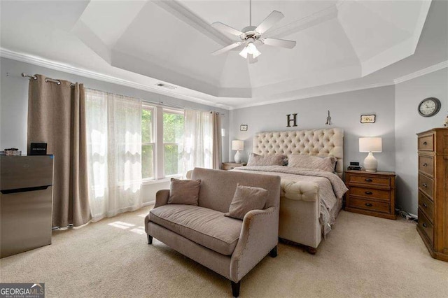 3705 Rolling Creek Dr, Buford, GA 30519 - bedroom with a tray ceiling, light carpet, ornamental molding, and a ceiling fan