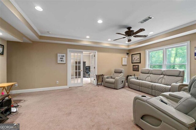 3705 Rolling Creek Dr, Buford, GA 30519 - living room featuring crown molding, a tray ceiling, light colored carpet, recessed lighting, and baseboards