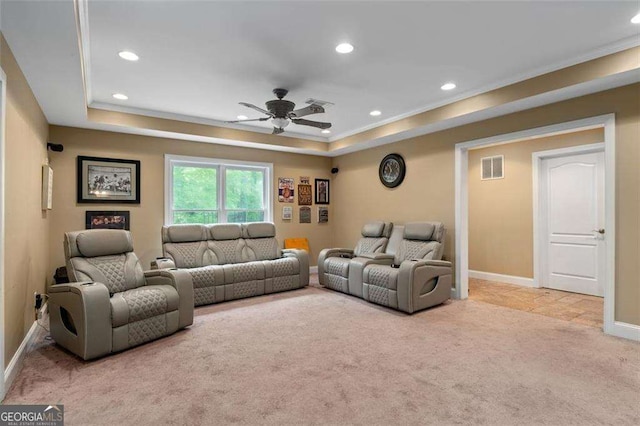 3705 Rolling Creek Dr, Buford, GA 30519 - carpeted living area with a ceiling fan, a raised ceiling, crown molding, recessed lighting, and baseboards