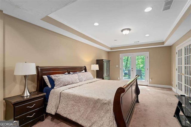 3705 Rolling Creek Dr, Buford, GA 30519 - bedroom featuring french doors, a tray ceiling, access to outside, light carpet, and recessed lighting
