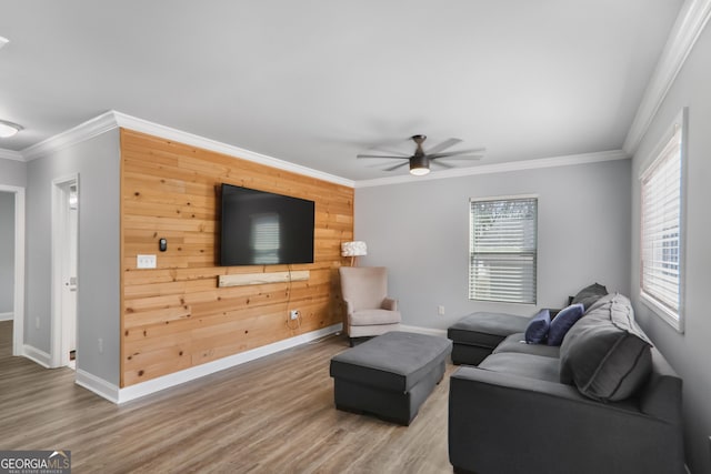 1560 Sarah M Harden Dr, Atlanta, GA 30311 - living area featuring a ceiling fan, wood finished floors, baseboards, and crown molding