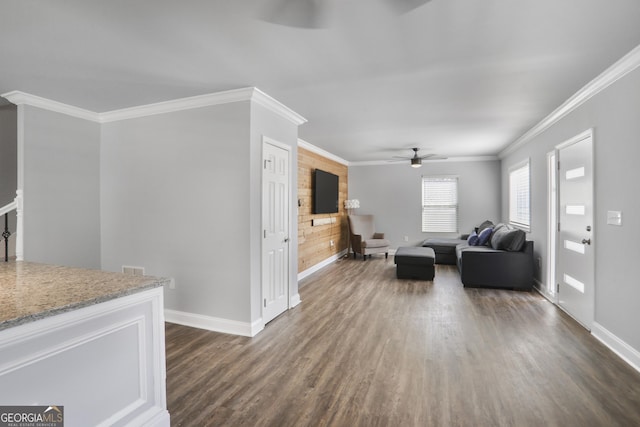 1560 Sarah M Harden Dr, Atlanta, GA 30311 - living room with a ceiling fan, dark wood-style flooring, baseboards, and ornamental molding