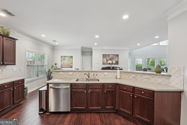 1840 Brighton Blvd SE, Atlanta, GA 30316 - kitchen featuring dishwasher, a sink, light countertops, tasteful backsplash, and dark wood-style floors