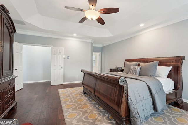 1840 Brighton Blvd SE, Atlanta, GA 30316 - bedroom featuring a raised ceiling, dark wood-type flooring, crown molding, recessed lighting, and ceiling fan