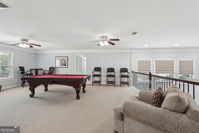 1840 Brighton Blvd SE, Atlanta, GA 30316 - playroom with ceiling fan, pool table, baseboards, crown molding, and light colored carpet