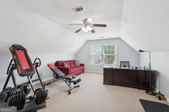 1840 Brighton Blvd SE, Atlanta, GA 30316 - exercise room featuring vaulted ceiling, ceiling fan, carpet flooring, and baseboards