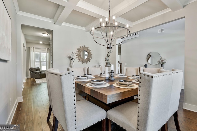 dining space featuring coffered ceiling, a chandelier, beamed ceiling, baseboards, and hardwood / wood-style flooring