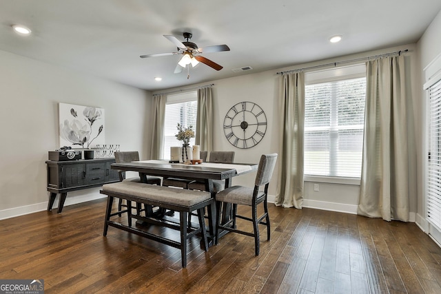 dining space with a ceiling fan, plenty of natural light, baseboards, and recessed lighting