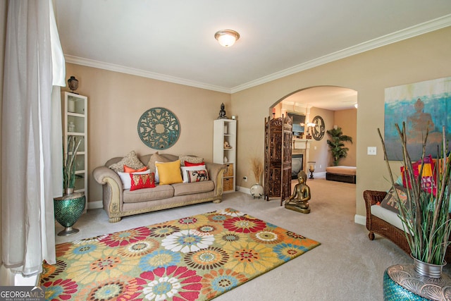 4765 Smokestone Dr, Douglasville, GA 30135 - carpeted living room featuring arched walkways, ornamental molding, and baseboards