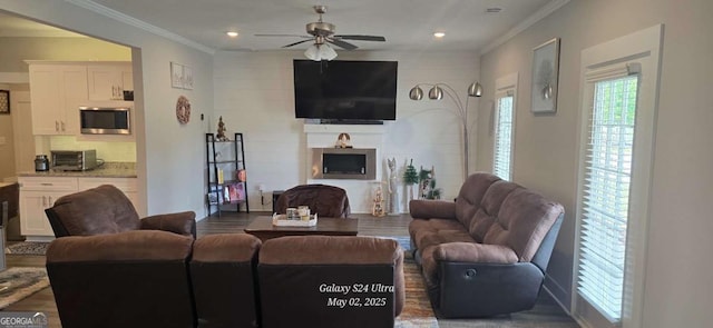 living area featuring ceiling fan, crown molding, wood finished floors, and recessed lighting