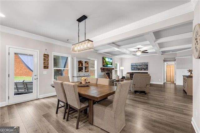 dining space featuring a fireplace, baseboards, dark wood-type flooring, ceiling fan, and coffered ceiling