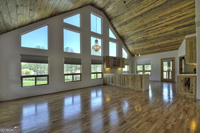 unfurnished living room featuring high vaulted ceiling, hardwood / wood-style flooring, and wood ceiling