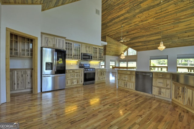 kitchen with stainless steel appliances, high vaulted ceiling, light wood-style floors, wooden ceiling, and glass insert cabinets