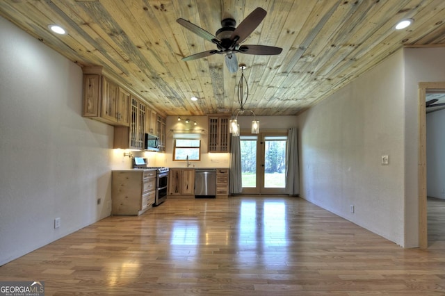 kitchen featuring appliances with stainless steel finishes, wood ceiling, wood finished floors, a ceiling fan, and recessed lighting