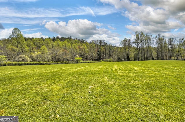 view of grassy yard with a view of trees
