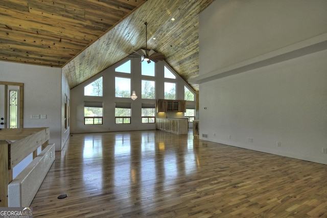 unfurnished living room featuring high vaulted ceiling, plenty of natural light, hardwood / wood-style floors, a ceiling fan, and wood ceiling