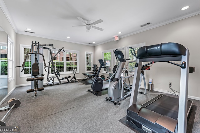 3636 Habersham Rd NW Unit 2101, Atlanta, GA 30305 - gym featuring ceiling fan, plenty of natural light, baseboards, recessed lighting, and ornamental molding