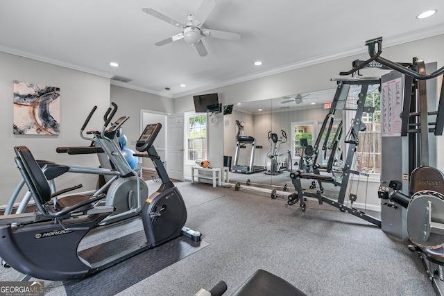 3636 Habersham Rd NW Unit 2101, Atlanta, GA 30305 - gym with ceiling fan, recessed lighting, ornamental molding, and baseboards