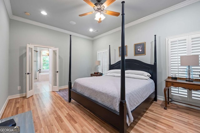 bedroom with light wood finished floors, baseboards, crown molding, recessed lighting, and ceiling fan