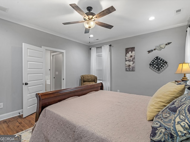 111 Walnut Ln, Williamson, GA 30292 - bedroom with wood finished floors, ornamental molding, recessed lighting, a ceiling fan, and baseboards
