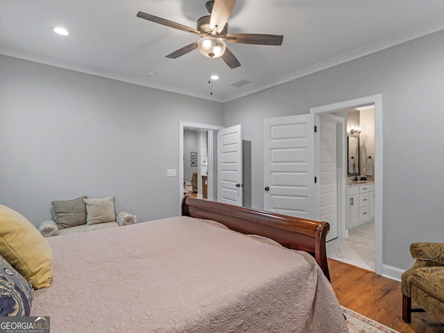 111 Walnut Ln, Williamson, GA 30292 - bedroom featuring recessed lighting, ornamental molding, wood finished floors, connected bathroom, and ceiling fan