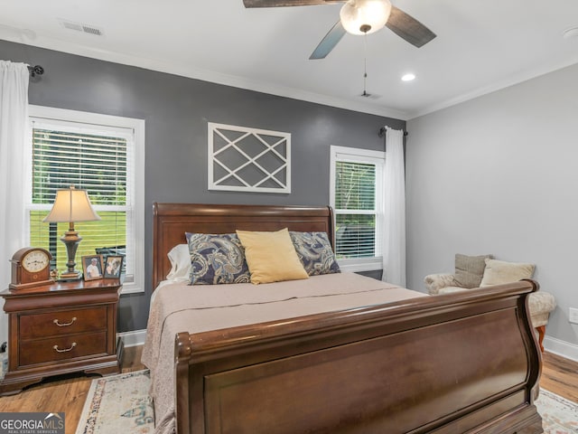 111 Walnut Ln, Williamson, GA 30292 - bedroom with light wood-type flooring, ornamental molding, baseboards, recessed lighting, and a ceiling fan