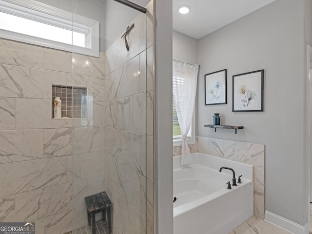 111 Walnut Ln, Williamson, GA 30292 - full bath with a garden tub, a tile shower, and marble look tile flooring