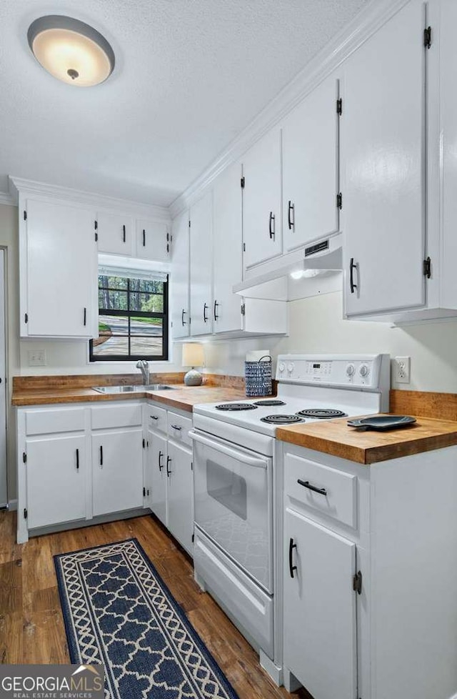 kitchen with white range with electric cooktop, a sink, under cabinet range hood, white cabinetry, and ornamental molding