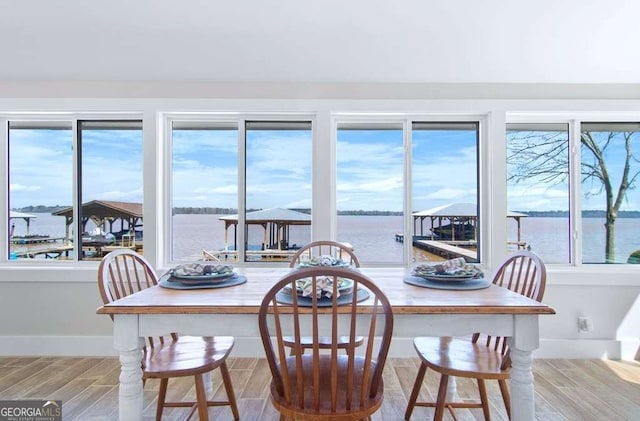 dining area featuring wood finished floors, healthy amount of natural light, and a water view