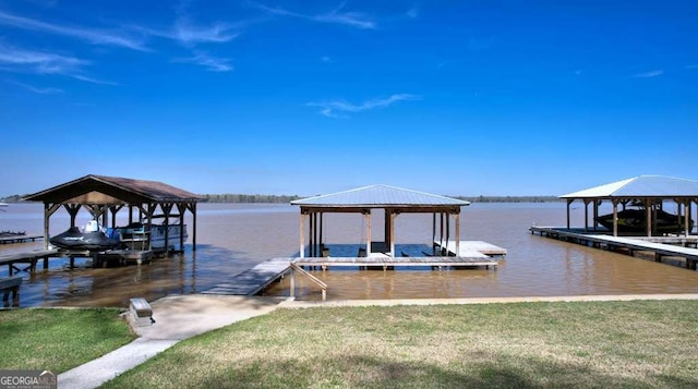 dock with a gazebo, a water view, and boat lift