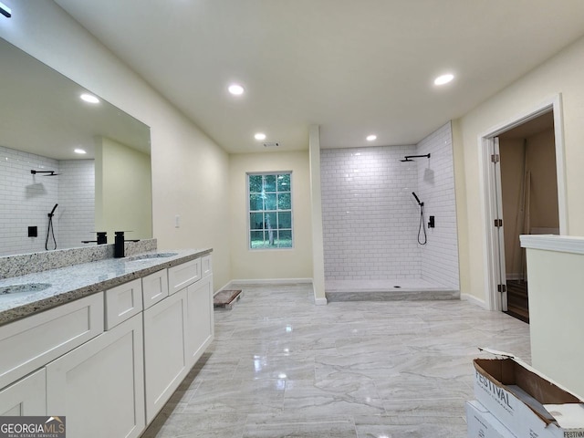 188 Oak Dr, Atlanta, GA 30354 - full bathroom featuring a tile shower, marble finish flooring, double vanity, and recessed lighting