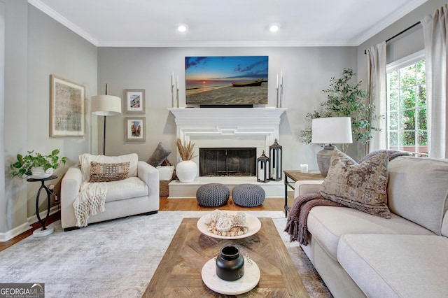 living area with wood finished floors, crown molding, baseboards, a glass covered fireplace, and recessed lighting