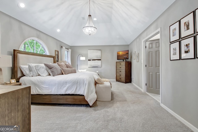 carpeted bedroom with vaulted ceiling, a chandelier, baseboards, and recessed lighting