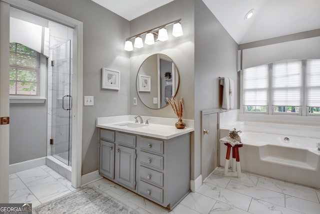 full bathroom with marble finish flooring, baseboards, vanity, and a shower stall